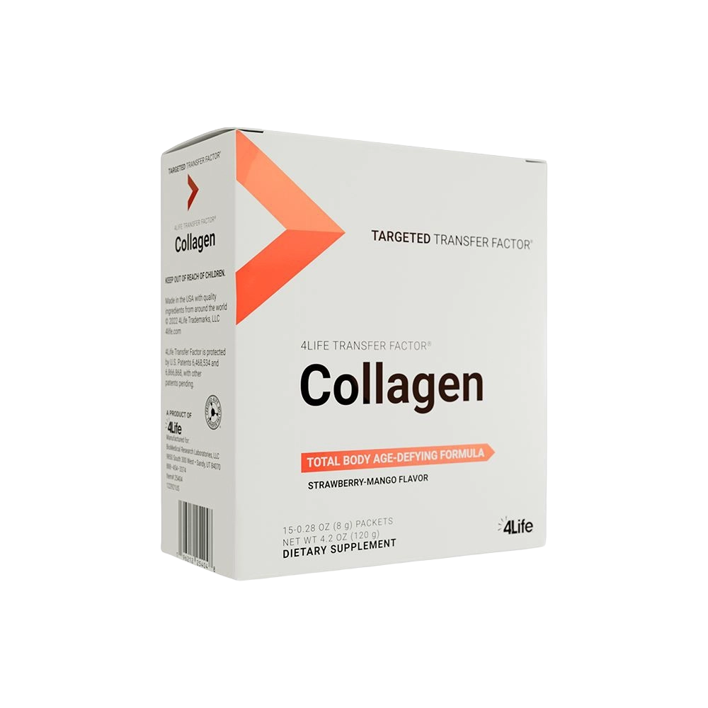 4Life Transfer Factor Collagen — strawberry-mango total-body age-defying powder with 5 types of collagen, biotin, and vitamins A, C, and E