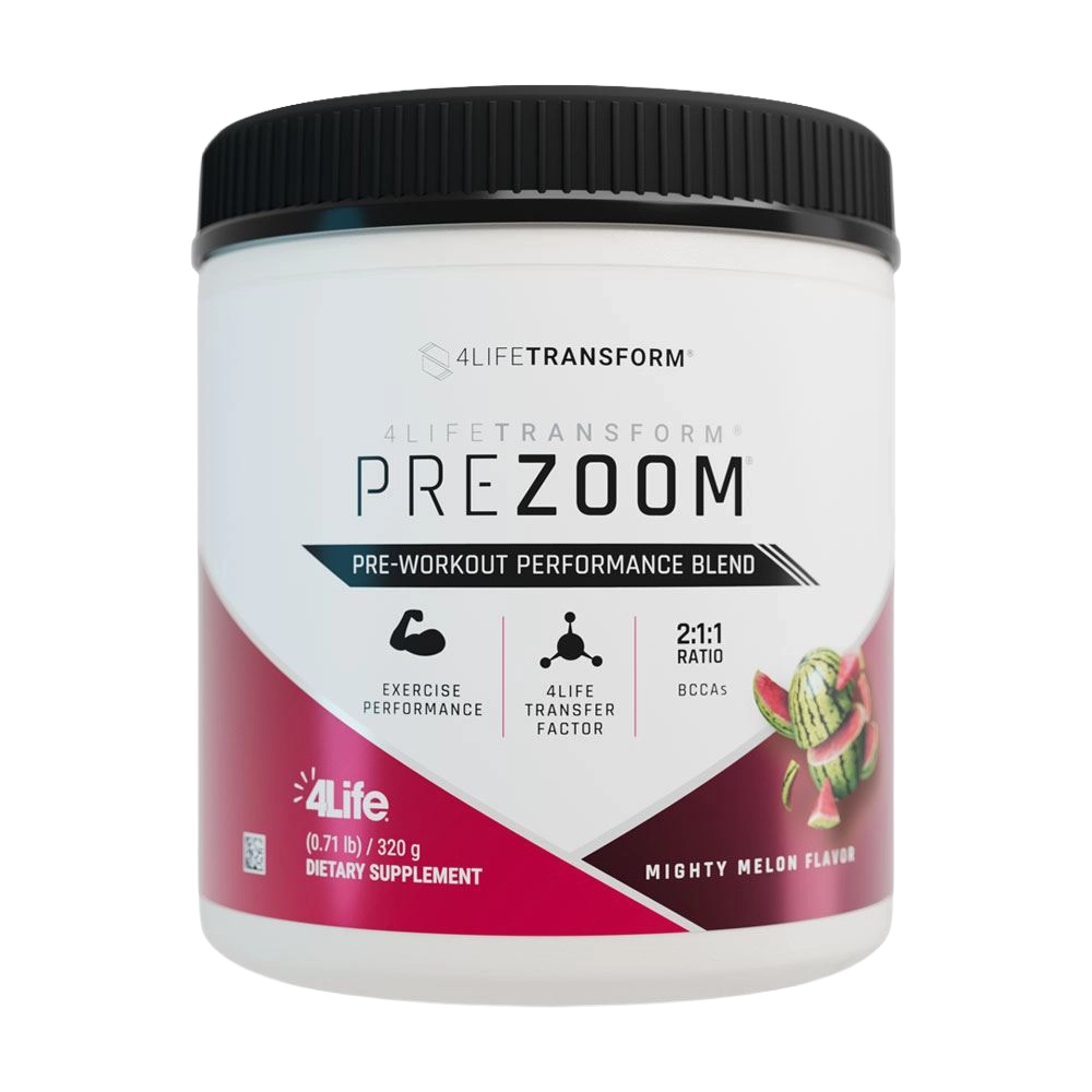 4LifeTransform PreZoom Pre-Workout Performance Blend — Mighty Melon flavor, 320g powder, with 2:1:1 BCAAs